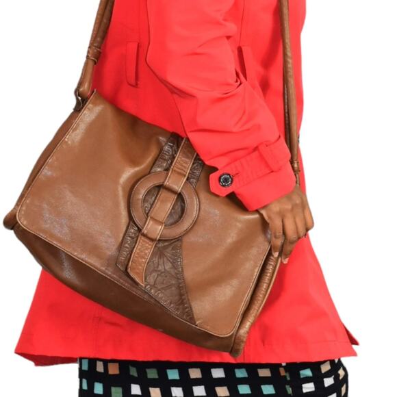 Leather Messenger Bag Vintage Brown Patchwork Pieced Shoulder Crossbody Slouchy - Picture 13 of 16